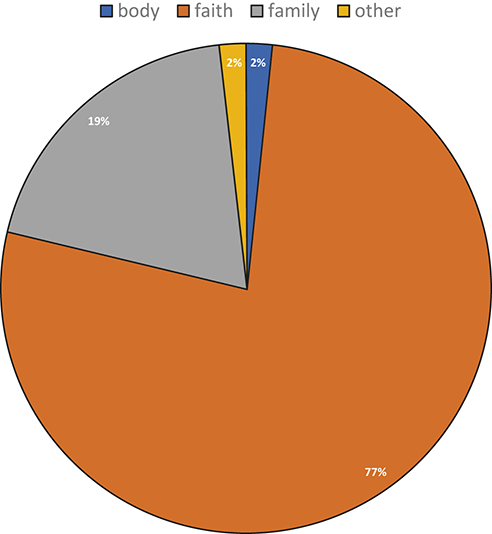 A pie chart displays four categories in descending order of proportion: 77% “faith”, 19% “family”, and 2% each for “body” and “other”. “Faith” is the dominant category, with the others making up much smaller portions.
