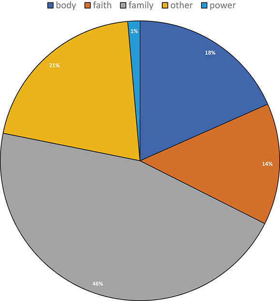 A pie chart displays five categories in descending order of proportion: 46% “family”, 21% “other”, 18% “body”, 14% “faith”, and 1% “power”. “Family” is the largest category, with the others making up smaller portions.