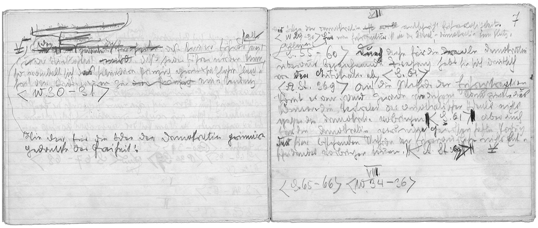 Double-page notebook spread showing handwritten German text with heavy edits, strikeouts, and marginal notes from Hans Kelsen’s 1929 autograph manuscript. See long description.