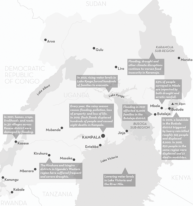 A simplified map of the east coast of Africa is labelled with key regions, geographical features, and settlements. See long description.