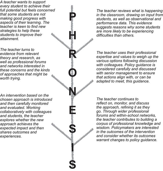 A story about a teacher’s approach to testing an intervention for helping struggling students is told as short paragraphs placed along a vertical timeline labelled phronesis. See long description.