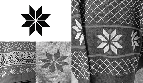 A diagram of eight diamond shapes arranged to create asymmetrical design like a snowflake. There are close-ups of the same design featured on various articles of knitwear, showcasing different textures and styles.