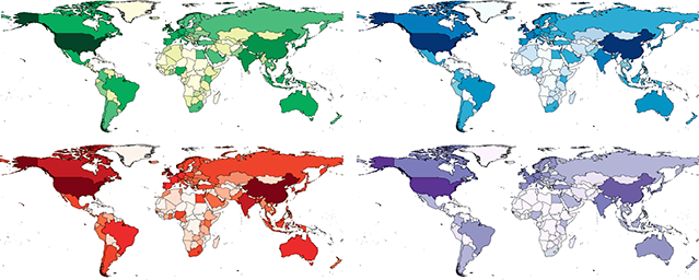 Four heatmaps showing the global, geographic distribution of FinTech startups from 2012–2024 categorized into Traditional FinTech, AI, Crypto, and AI × Crypto, with darker colors indicating higher firm concentrations by country. See long description.