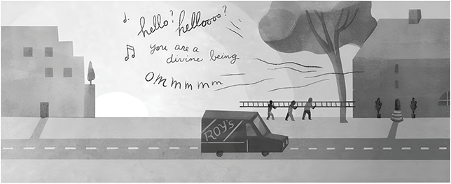 A greyscale streetscape showing workers carrying a ladder, houses, and a delivery van. Text represents phrases screeched by parrots floating through the window. See long description.