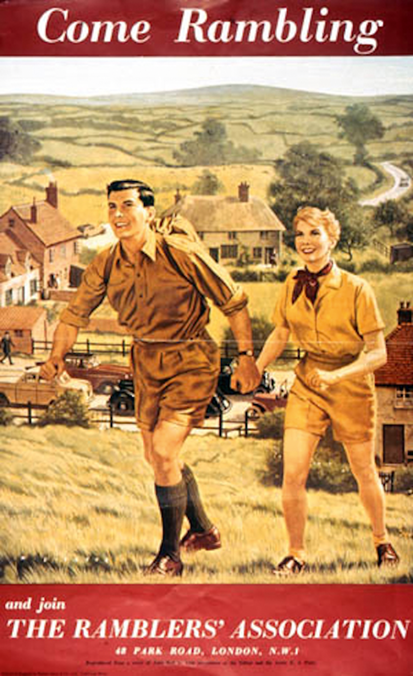 A poster with the text "Come rambling" at the top, above an image of a young man and woman, holding hands and dressed for rambling. Behind them is a rural landscape with a farm and hills. See long description.