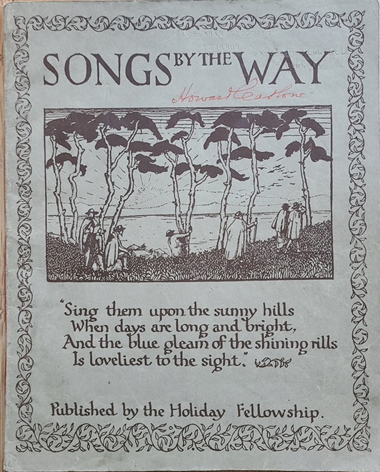 A songbook cover with black text and illustrations. The central illustration is of a group of people in smock coats along a tree-lined shore of a body of water. Below this is an excerpt from a poem. See long description.