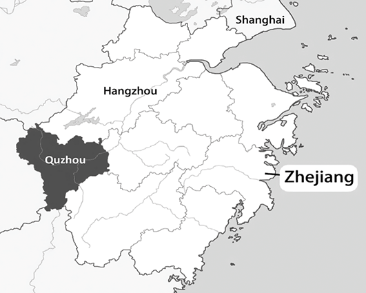 A map of Zhejiang province highlighting Quzhou. The other plots marked are Hangzhou and Shanghai.