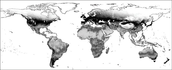 A world map shows landmasses with varying shades of grey. The top half of South America, top half of Africa, the Middle-East, South and South-east Asia, and the top of Australia are striped.