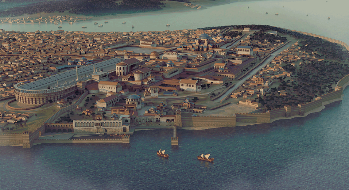 3 D reconstruction of the Great Palace of Constantinople in the tenth century, as seen from the Marmara Sea.
