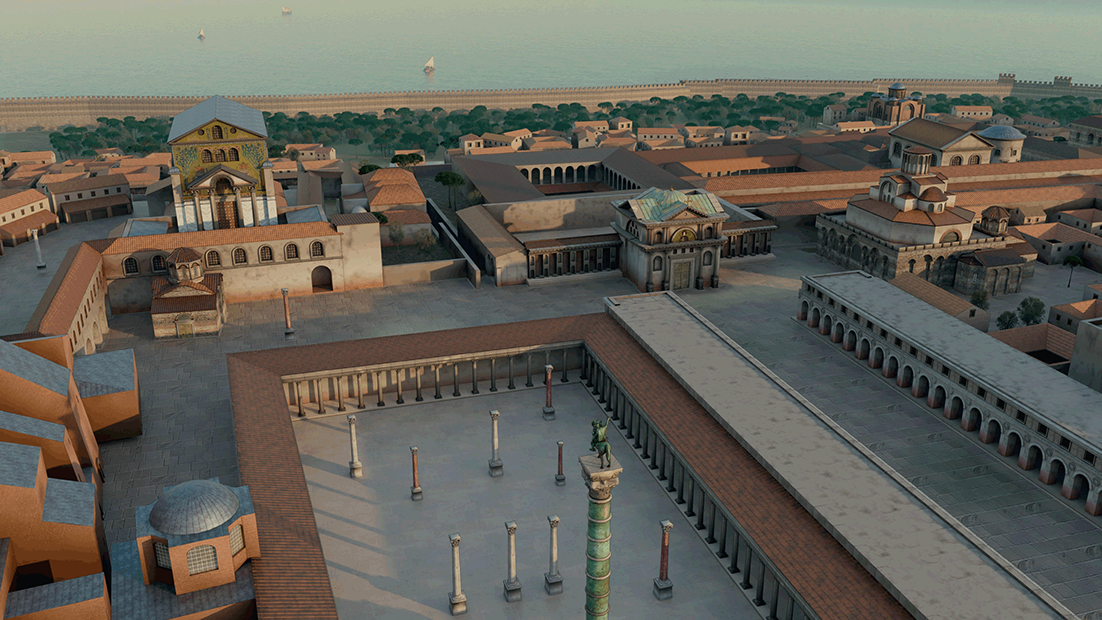 3 D reconstruction of the Great Palace. The Chalke Gate, main entrance to the Palace, and its surroundings, including the Magnaura reception hall, the Church of the Saviour, the Augoustaion square and the Mese Avenue.