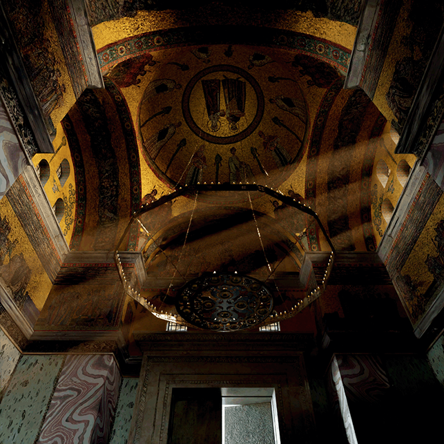 3 D reconstruction of the Great Palace. The vestibule is topped by a dome supported by four pillars. The ensemble is decorated with polychrome marbles and mosaics.
