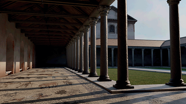 3 D reconstruction of the Great Palace. Close-up of the northern portico of the peristyle of the mosaics. The pavement features bucolic scenes and animal fights. The inner wall has marble benches.
