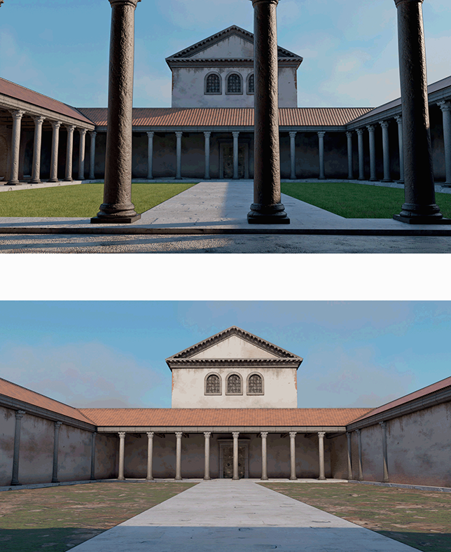 3 D reconstruction of the Great Palace. A comparison between the peristyle as it looked before the year 700 and later, when galleries were removed, and the Paved Way running through the portico became the main access to the hall in the background.