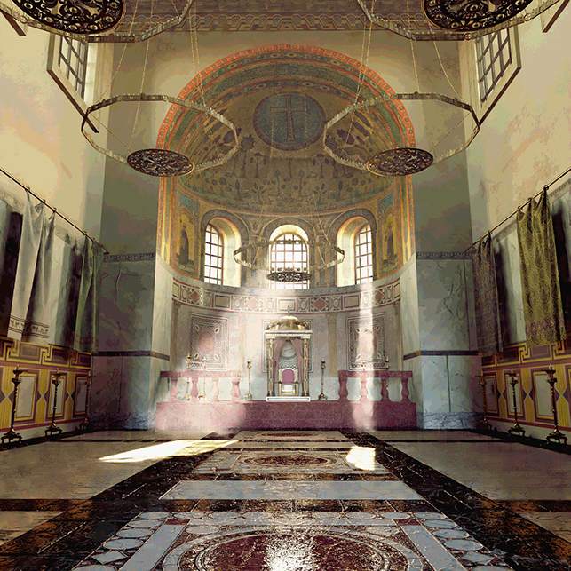 3 D reconstruction of the Great Palace. Interpretation of the hall dominating the peristyle as the Consistorium. The hall is covered with marble and mosaics and features a golden baldachin below the apse.