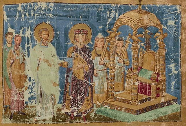 A miniature from a manuscript in Paris depicting the imperial baldachin. It consists of four columns supporting a dome with eagles holding wreaths. Everything is made of gold and covered with precious stones and pearls.