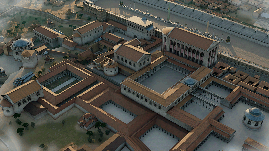 3 D reconstruction of the Great Palace. Close-up of the upper complex, including the earliest buildings of Daphne, the Constantinian Palace.