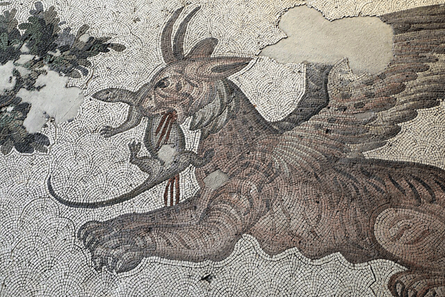 A scene from the peristyle depicting a manticore, a mythological monster featuring the body of a tiger, wings and a scorpion’s sting.