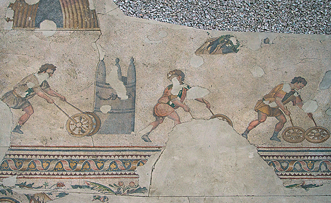 A scene from the peristyle depicting children playing hoops around the metae of the Hippodrome. They are again dressed in the colours of the factions.