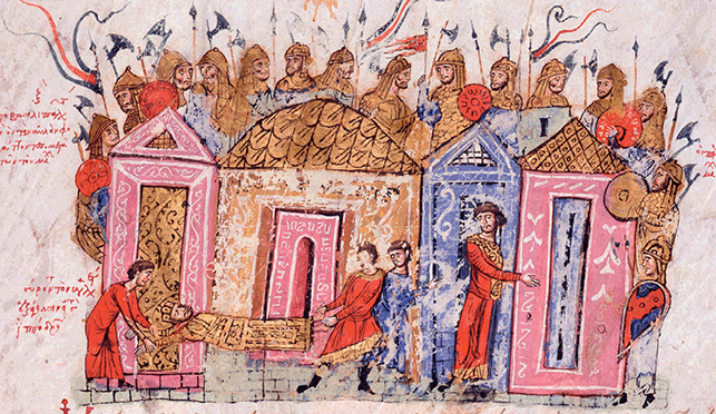 A representation of an inner courtyard of the upper Palace in a miniature from a historical Byzantine manuscript kept in Madrid. The body of the emperor Leo V is taken to the Hippodrome. The court is filled with guards holding axes.
