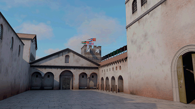 3 D reconstruction of the Great Palace. Close-up of the court of the Covered Hippodrome and its southern end, the Skyla. The kentenarion tower stands in the background.