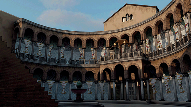 3 D reconstruction of the Great Palace. Close-up of the private fountain-court of the Sigma. The court is presided over by a two-level portico featuring a C-shape. At its center stands the baldachin, overlooking the fountain.