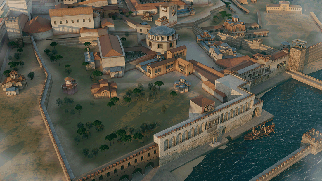 3 D Reconstruction of the Great Palace. Close-up of the Lower Palace, including the Chrysotriklinos, the sea façade of the Boukoleon and the terrace of the Pharos with its churches. The New Church and the Tzykanisterion are seen in the background.