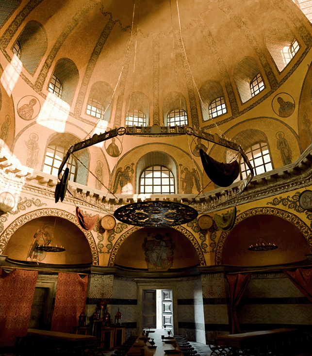 3 D Reconstruction of the Great Palace. Close-up of the interior of the Chrysotriklinos. The building has three levels, one with apses, another with windows and a dome on top. It is decorated with marbles and mosaics depicting flowers and saints.