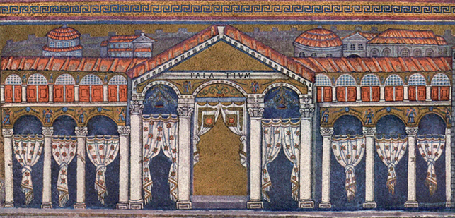 A mosaic depicting the façade of Theodoric’s Palace in Ravenna. It consists of a portico with a vestibule topped by a pediment supported by four columns. It is decorated with laurel wreaths.