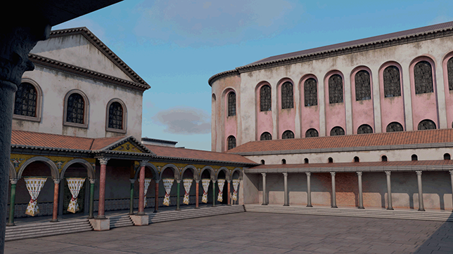 3 D reconstruction of the Great Palace. Close-up of the core of the Constantinian Palace, with the Tribunal court, the Augousteus hall and its portico, the Gold Hand, as well as the banquet hall of the Nineteen Couches.