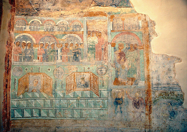 The Kathisma of the Hippodrome as depicted in a fresco from St. Sophia in Kiev dated in the eleventh century. The structure features several levels and a portico flanking the imperial balcony.