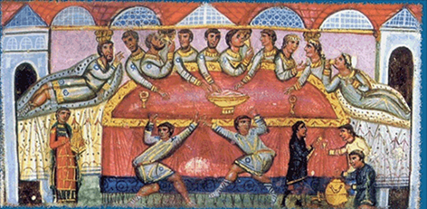 A manuscript illustration from an eleventh-century Book of Job, depicting a banquet featuring couches, sigma-shaped tables, musicians and acrobatics. The manuscript is kept in the Monastery of St. Catherine, Sinai.
