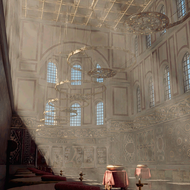 3 D reconstruction of the Great Palace. The banquet hall of the Nineteen Couches. The structure is similar to the Trier Basilica. Its main feature is the opposed rows of sigma-shaped tables and couches.
