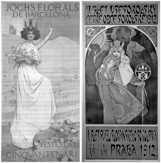 Two posters show allegorical females: one for Catalan literature with flowers, the other for Slavic sports with a city crown. See long description.