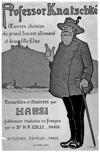 Cartoon book cover shows a portly German hiker with a bushy beard in front of Hohkönigsburg castle, holding a walking stick and raising a finger. See long description.