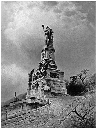 Monument, a standing statue of a female allegory in classical garb, holds aloft an imperial crown and stands on a plinth decorated with bas-reliefs, featuring angel figures on the corners.