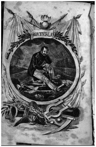 Cartouche entitled Waterloo and festooned with banners and a wreath, a dejected man in military attire sits in a desolate landscape under a stormy sky; underneath the cartouche, there is a cannon, a lyre, and a scythe.