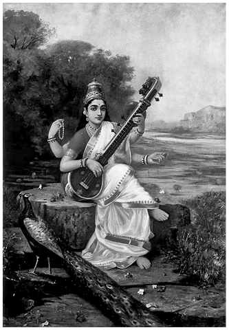 Four-armed goddess, in a white, gold-bordered sari, is seated on a riverbank playing the sitar, a peacock at her feet.