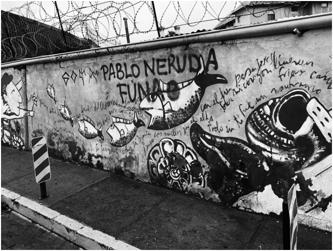 A photo of a wall with graffiti presents five fish arranged from big to small, which open their mouths to eat the fish before them. The text on it reads, Pablo Neruda, FUNAO. Different corals are on the right, and a person is on the left.