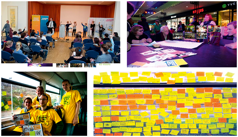 Four-panel image of participatory urban planning: workshop with audience, nighttime discussion with large map, volunteers in yellow shirts with materials, wall with colorful sticky notes of citizen ideas.