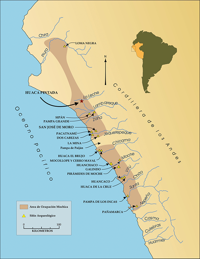 A map of northern Peru showing the location of the Huaca Pintada archaeological site.