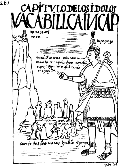 An illustration from Guaman Poma’s 1615 chronicle showing Tupa Inca addressing the huacas.