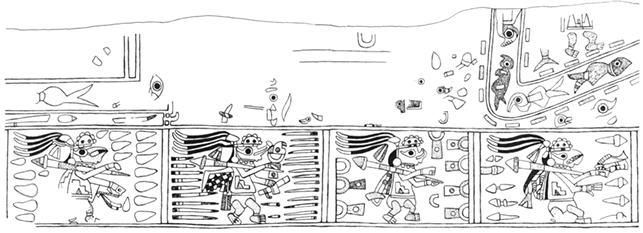 A line drawing by Schaedel showing the left edge of the mural, including partial figures and decorative elements.