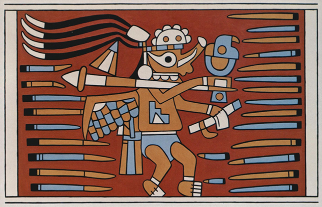 A colored reconstruction of the bird-like warrior carrying tools, from Brüning’s photo, based on his field notes. Around him, long and similar tools with a sharp edge are arranged.