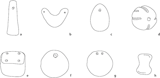 Drawings of the eight basic types of loomweights found in Aegean Bronze Age excavations. See long description.