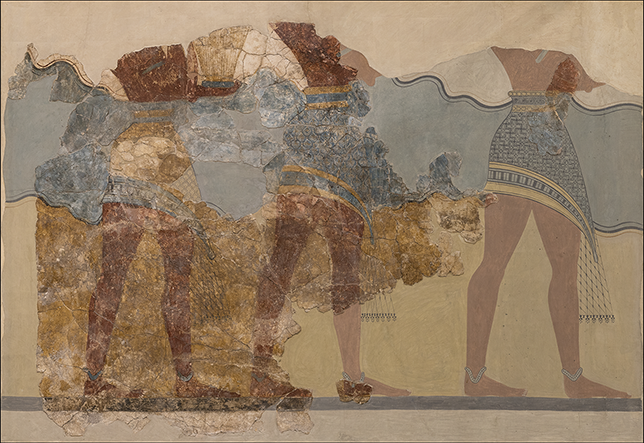A photograph of a detail of “The Procession” wall-painting, found in Knossos, Crete. See long description.
