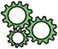 An icon showing three interlocking cogwheels of different sizes with overlapping teeth.