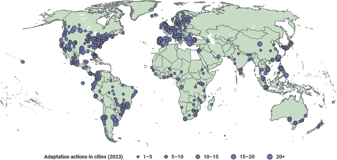 A world map displaying volume of adaptation actions in cities, with increasingly larger dots for more actions. The highest concentrations are seen in Canada, Europe, Latin America, Brazil, Japan, and parts of Southeast Asia.