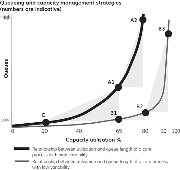 A graph shows capacity utilisation (0–100%) on the x-axis and queues (low to high) on the y-axis. As capacity utilisation increases, queue length is shown to rise faster in high variability processes than in low variability ones.