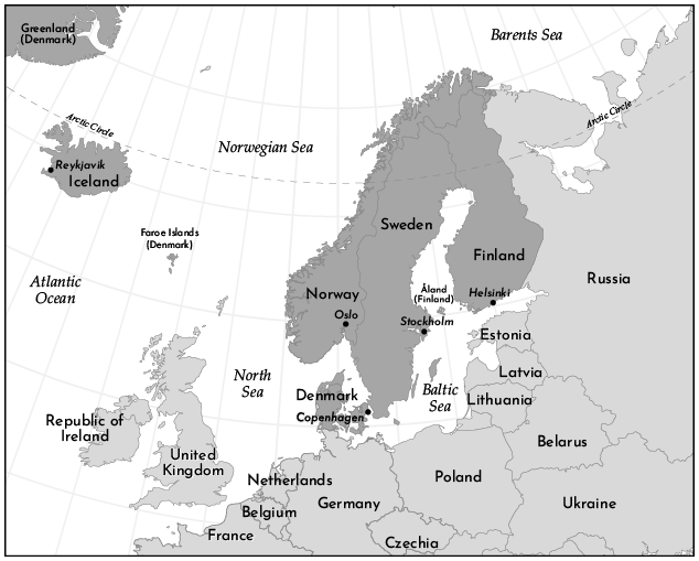 Map of Northern Europe highlighting the five Nordic countries: Denmark, Finland, Iceland, Norway, and Sweden, along with associated territories such as Greenland and the Faroe Islands.