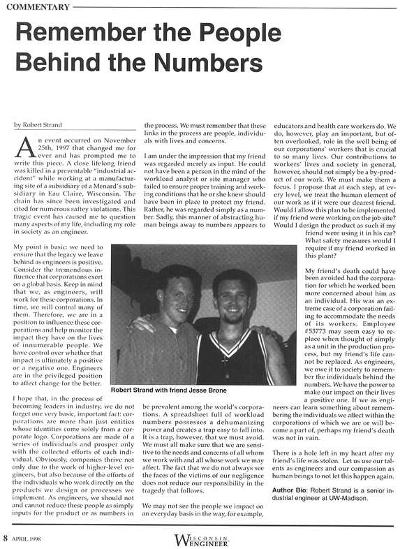 Scanned magazine page from Wisconsin Engineer showing a 1998 commentary titled Remember the People Behind the Numbers by Robert Strand, including a photo of two young men. See long description.